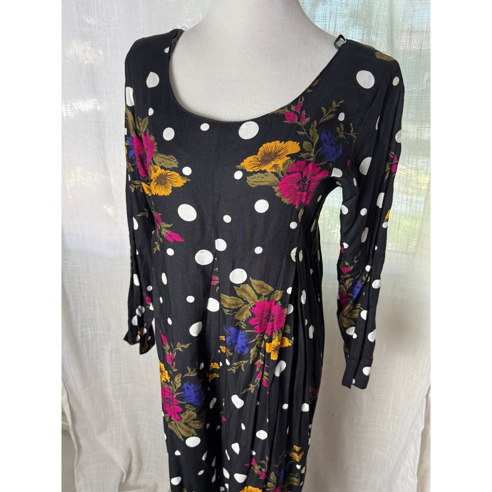 Matty Vintage 90s Black Floral Polka Dot Long Sleeve Maxi Dress Scoop Neck Rayon - Picture 5 of 11